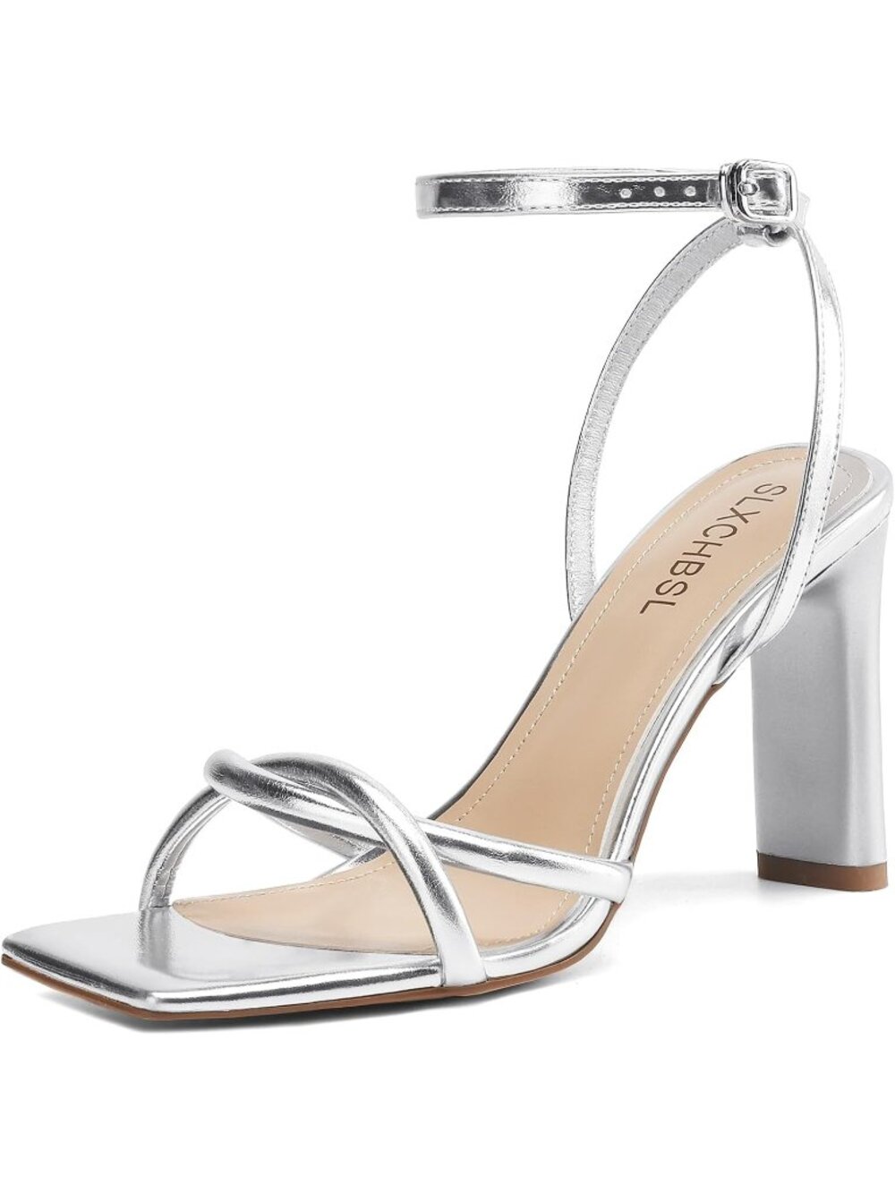 Women's Silver Comfortable Adjustable Strappy Square Open Toe Heeled Sandals